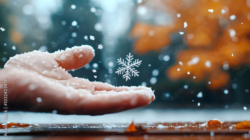 Poster delicate intricate snowflakes gently drifting down from the sky creating a serene magical winter lan