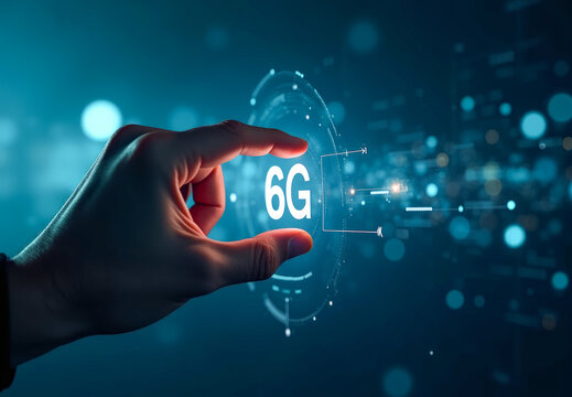 A man's hand presses a button with the inscription 6G in a virtual space, abstract background