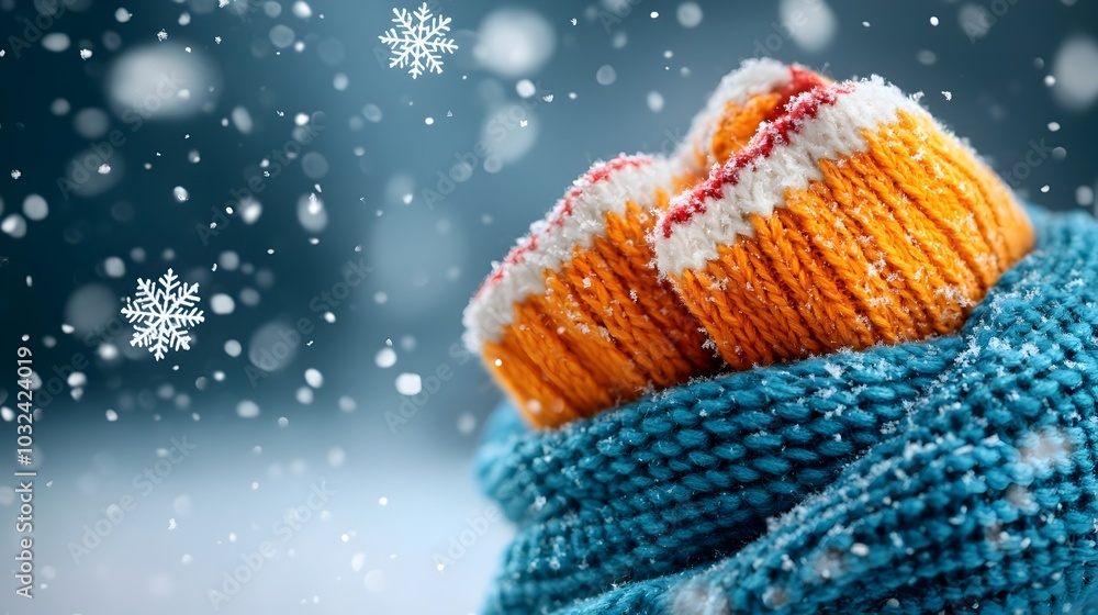 Poster Closeup view of delicate snowflakes gently falling and resting on a warm soft wool scarf and matching mittens during the first snowfall of the season