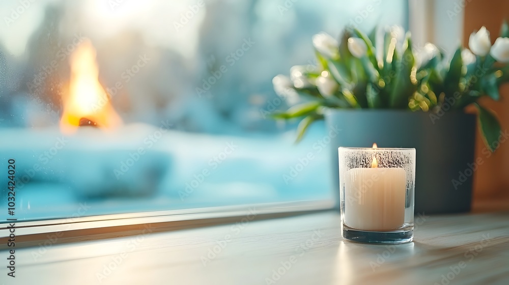 Poster beautifully intricate frost patterns forming on a window with a warm cozy fireplace glowing in the b