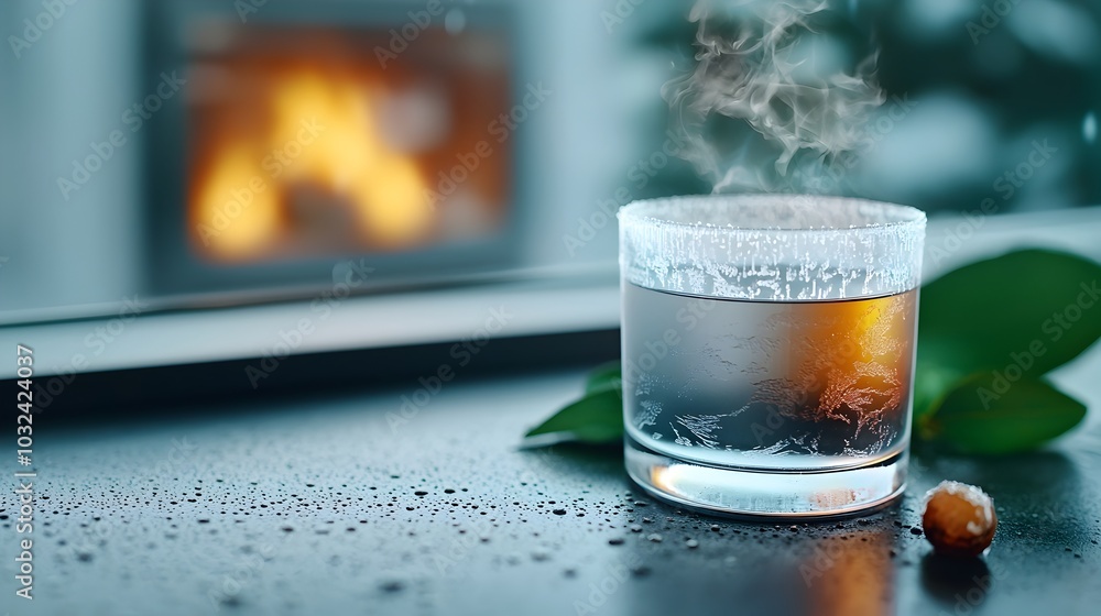 Poster delicate intricate frost patterns beautifully framing a warm cozy fireplace scene creating a serene 