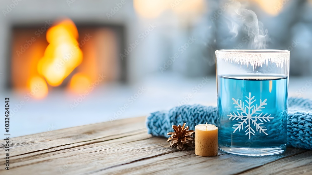 Poster Frost kissed window pane showcasing intricate patterns with a warm glowing fireplace visible in the background creating a cozy and tranquil winter scene