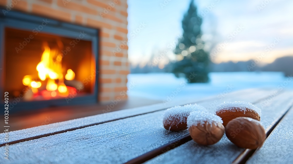 Aufkleber Intricate Frost Patterns Decorate a Window Framing the Warm Glow of a Cozy Fireplace in the Background Creating a Peaceful and Serene Winter Scene