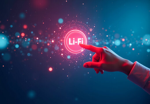 A man's hand presses a button with the inscription Li-Fi in a virtual space, abstract background