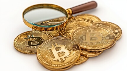 A magnifying glass lies on top of a stack of golden Bitcoin coins against a white background.
