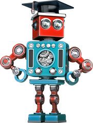 Retro robot wearing graduation cap standing with arms out
