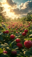 Obraz premium Vibrant Strawberry Field at Sunset in Picturesque Agricultural Landscape