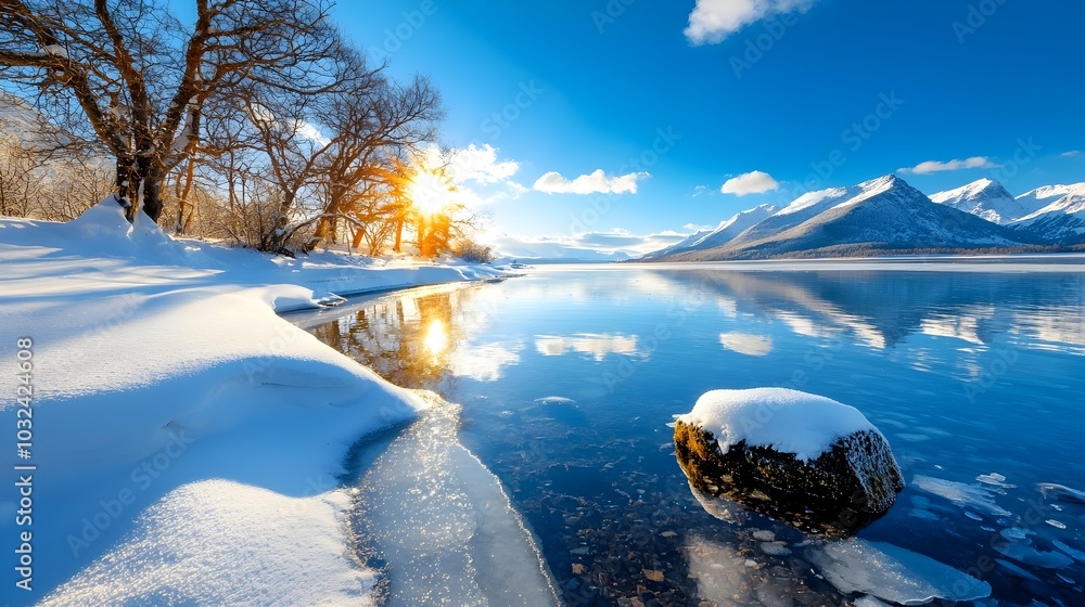 Poster captivating winter landscape featuring a serene frozen lake with snow capped trees reflected in the 