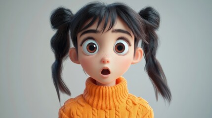A surprised animated girl with big eyes wearing an orange sweater.