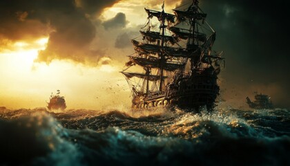 Obraz premium Large ship sailing ocean sunset is tall multiple