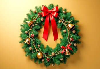 Christmas wreath made of fir branches on a golden background
