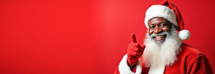 Santa Claus is a black man on a red background with a copy space pointing his index finger forward
