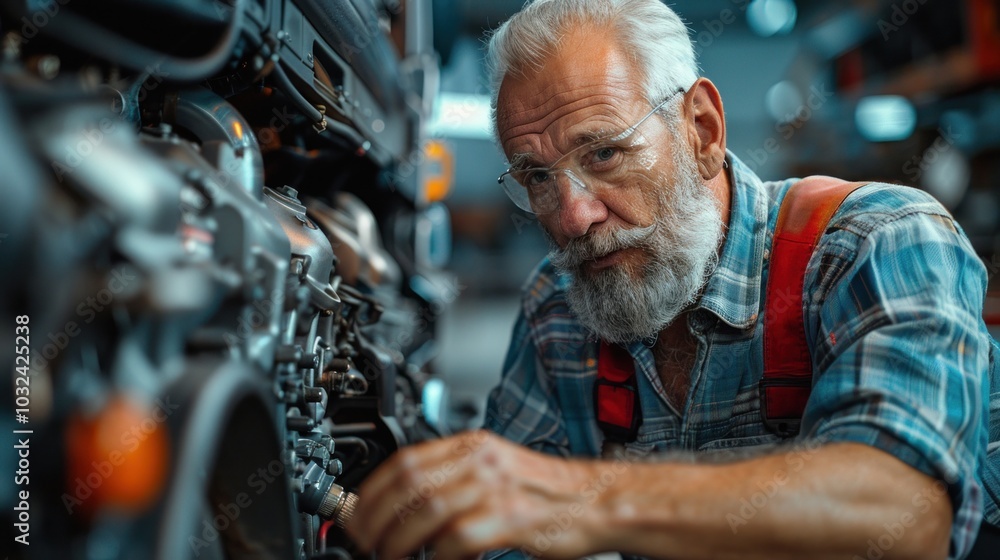 Wall mural an elderly man customer inspecting engine specifications of a truck in an automotive shop