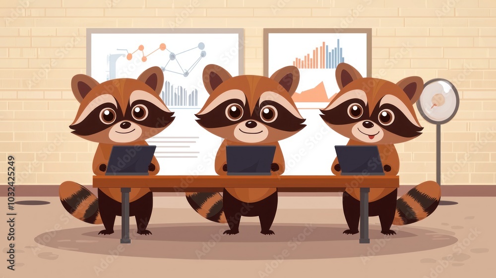 Poster Three charming raccoons engaged in business tasks with laptops in a modern office setting showcasing teamwork and technology in a fun environment