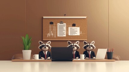 Three stylish racoon business partners collaborating in a modern office setting with laptops and a creative workspace