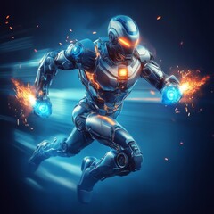 Fototapeta premium Man futuristic suit armor running dark foggy environment launching flying jetpack