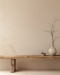 Rustic wooden bench and clay vase with branch near beige grunge stucco wall with copy space. Japandi, wabi-sabi home interior design of modern living room.
