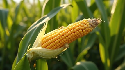 Close-up of ripe golden corn in an organic field