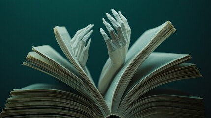 A pair of white skeletal hands emerge from the pages of an open book against a teal background.