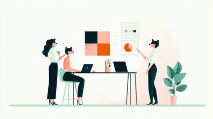 Fototapeta premium Creative team collaboration a dynamic workspace with cat-inspired characters engaging in data visualization and strategy planning