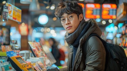 A young Asian man cashier scanning items at the checkout counter in a busy retail store