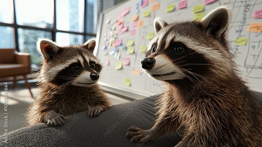 Poster two curious raccoons engaged in a creative brainstorming session in an office environment surrounded