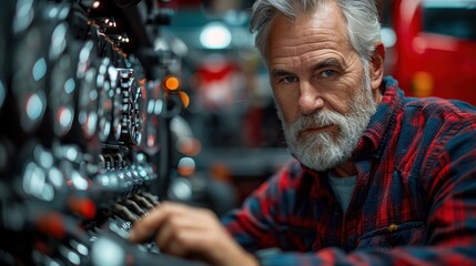 Obraz premium An elderly man customer inspecting engine specifications of a truck in an automotive shop