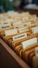 Close-up of classified file folders in an organized office setting