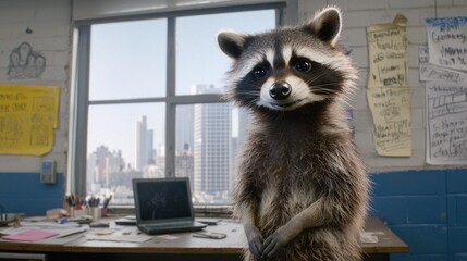 Charming raccoon in a creative workspace a playful encounter with nature and urban life blending whimsy and realism in an artistic setting