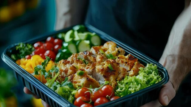in his hands a container with lunch. Selective focus