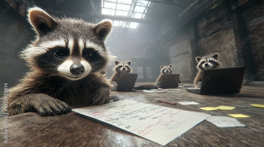 Poster intriguing scene of raccoons engaged in business activities around a table blending humor with a tou