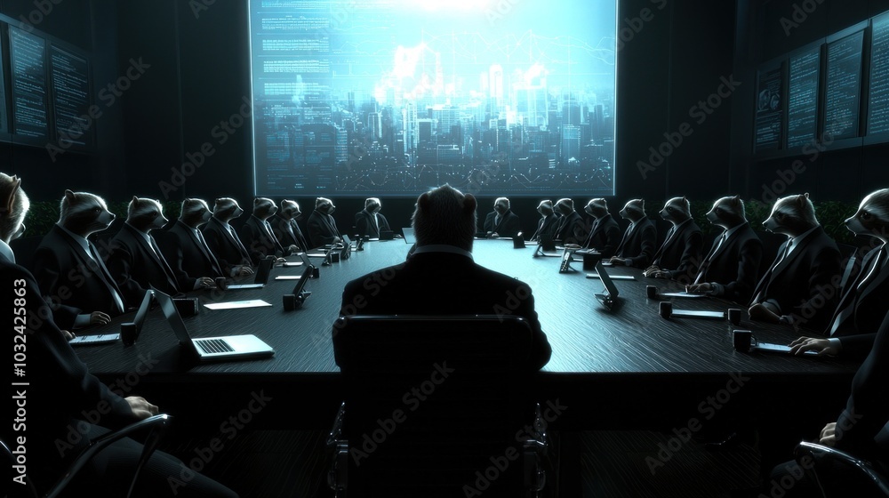 Aufkleber futuristic boardroom meeting a gathering of executives in a high-tech environment with data displaye