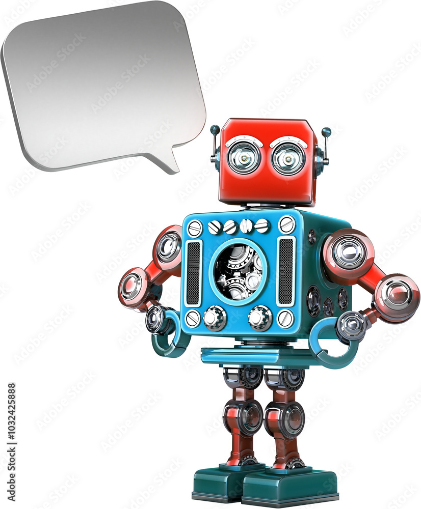 Poster blue retro robot standing and showing a blank speech bubble