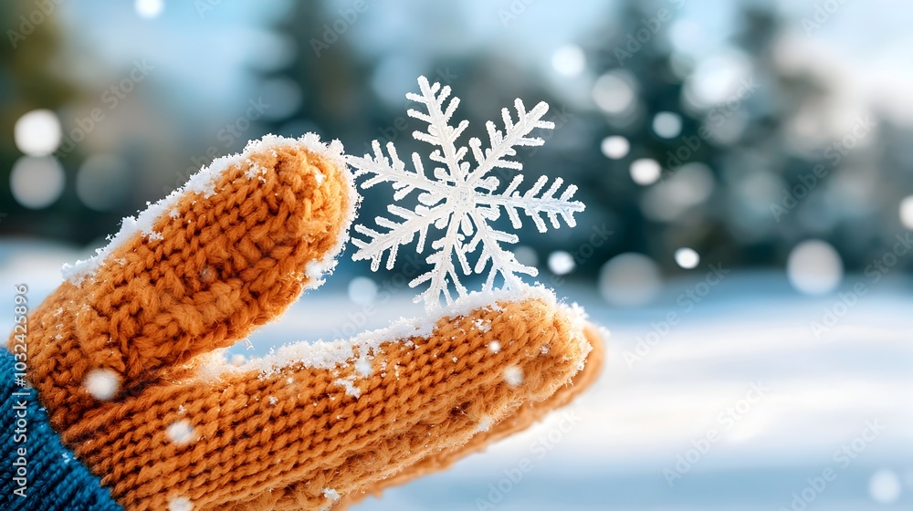 Poster A close up view of a single intricate snowflake gently landing and resting on the soft textured surface of a warm wool mitten in the crisp wintry air of the season