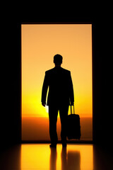 Obraz premium Silhouette of a man in a suit holding luggage against a vibrant sunset backdrop