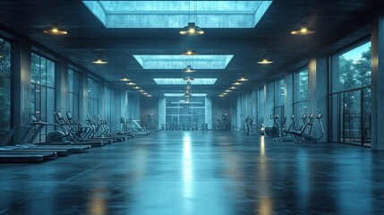 Fototapeta premium Modern gym interior with treadmills, exercise bikes, and large windows overlooking a green forest.