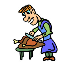 A colorful hand-drawn illustration of a cartoon man carving a Thanksgiving turkey, perfect for festive holiday and cooking-themed designs