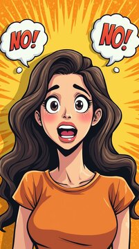 Comic style surprised woman with speech bubble saying no