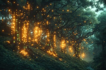 Enchanted Forest with Glowing Lights at Dusk