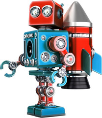 Naklejka premium Blue and red robot standing with rocket attached to its back