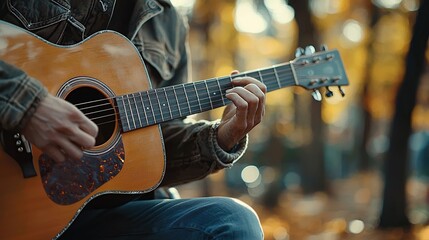 Fototapeta premium Man playing acoustic guitar in an autumn forest