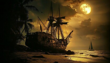 Obraz premium Pirate ship beach night is old dilapidated broken Raster illustration
