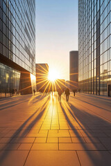 Sunset casts long shadows between modern buildings in a bustling city