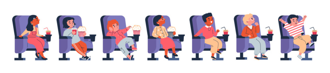 Cute kids watching movie flat vector set, girls and boys eating popcorn and drinking soda while sitting in the cinema