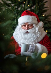 Santa Claus drinking tea or coffee against the backdrop of a Christmas tree close-up