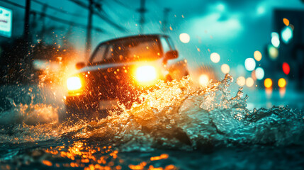 car on a flooded road, severe weather, rising water, storm surge, water damage and overflowing river