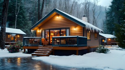 Fototapeta premium Peaceful and picturesque snow covered cabin nestled in a tranquil forest landscape with icicles hanging from the roof and snow drifts all around creating a cozy and serene winter retreat