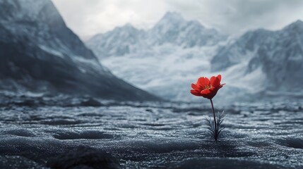 A vibrant red flower blooming in the midst of a stark,snow-covered mountain landscape,symbolizing resilience,hope and the power of nature to thrive even in the harshest of environments.
