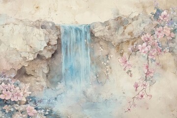 Watercolor painting landscape pink flowers rocks background light Elegant gently