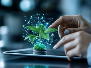 Hand interacting with digital hologram of plant on tablet representing eco-technology and sustainable innovation
